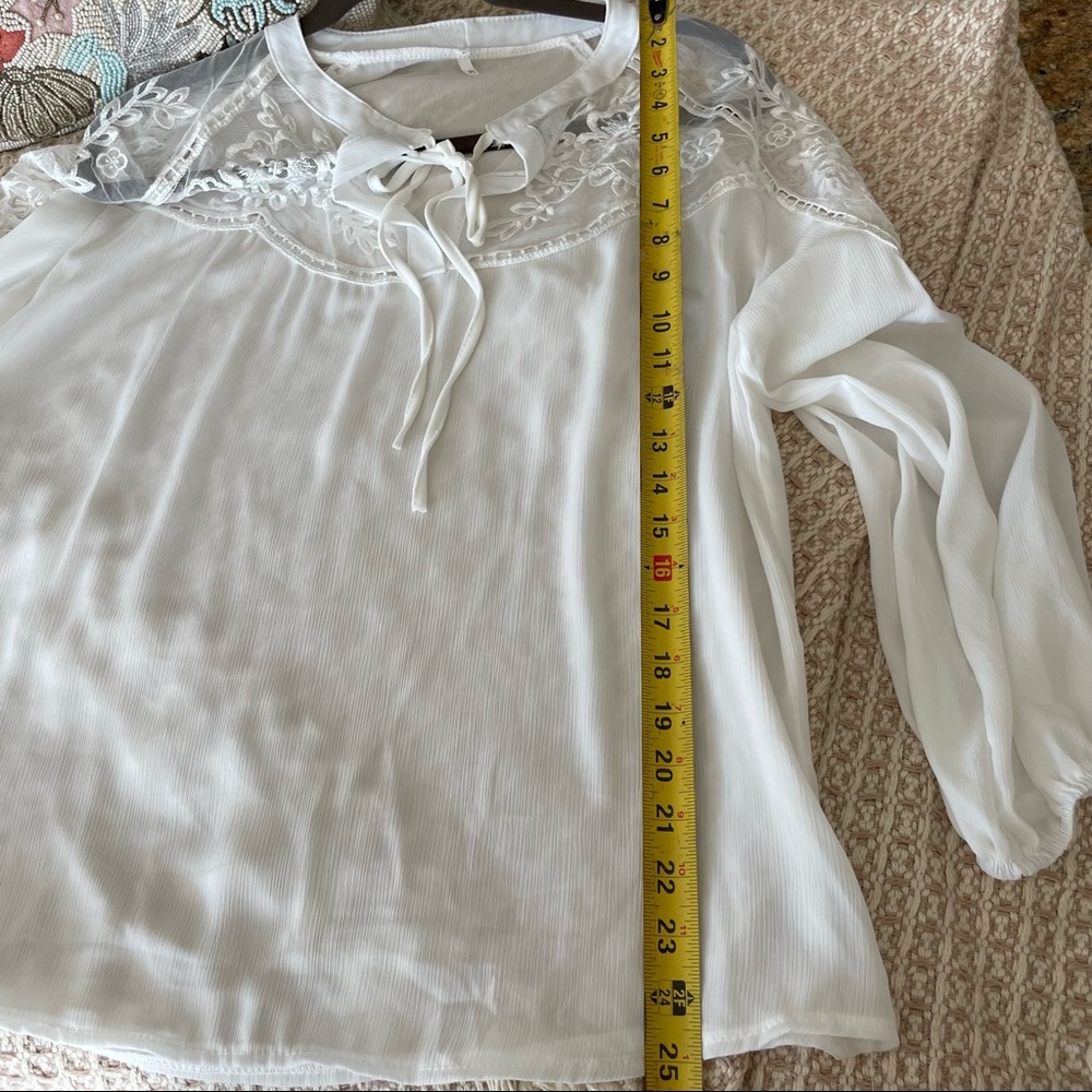 Sheer Bell Sleeve V-neck Tie Blouse - Picture 7 of 7
